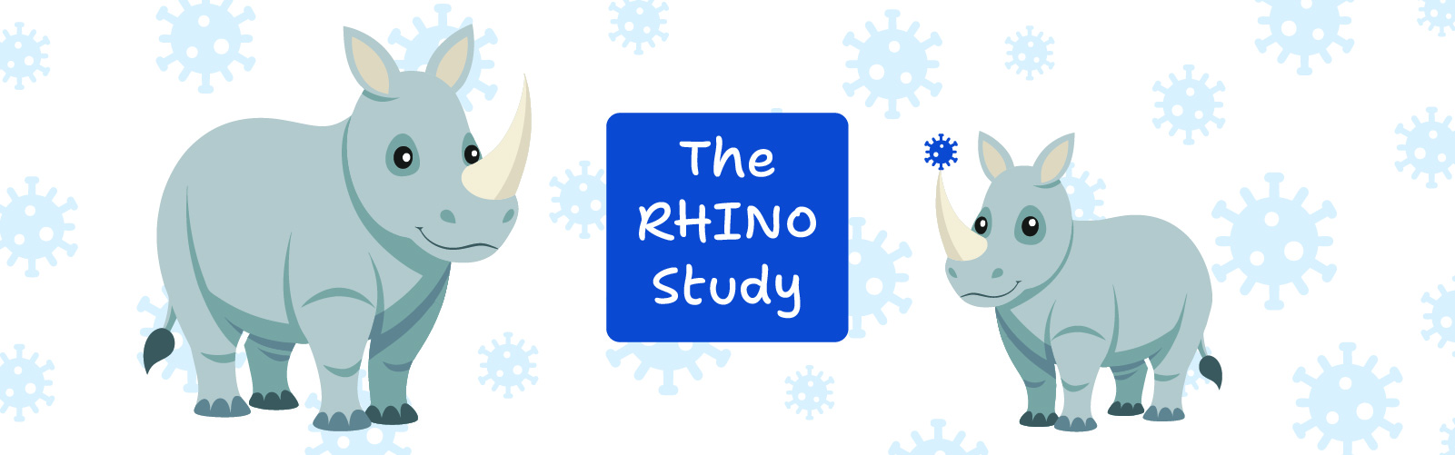 Cartoon graphic of parent rhinoceros with kid rhinoceros and a microscopic rhino virus.